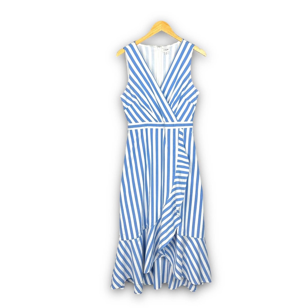 J Crew Factory Sleeveless Midi Dress Mock Wrap Blue White Striped Summer Size 4